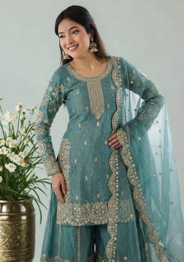 Sea Green Embroidery Silk Sharara Set - Indya