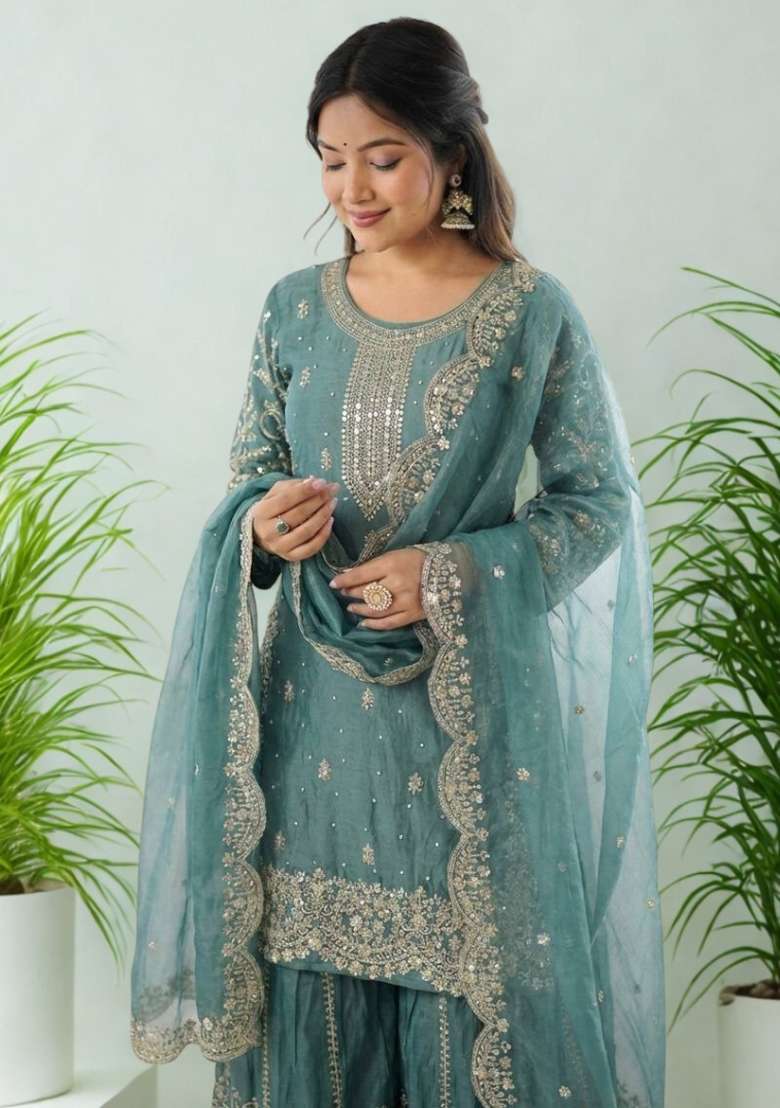 Sea Green Embroidery Silk Sharara Set - Indya