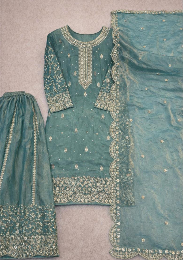 Sea Green Embroidery Silk Sharara Set - Indya