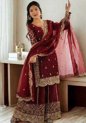 Red Embroidery Silk Sharara Set