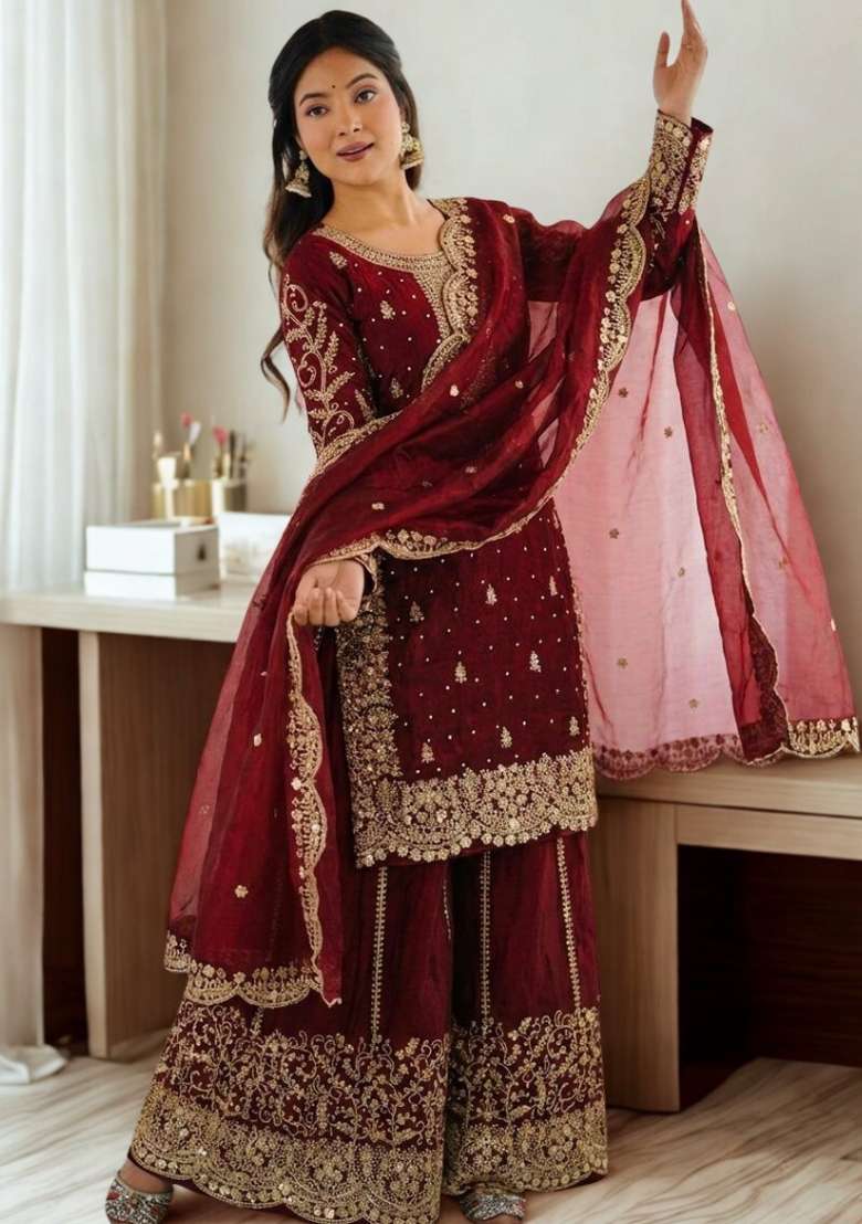 Red Embroidery Silk Sharara Set - Indya