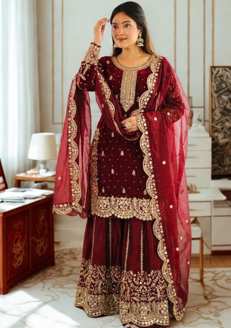 Red Embroidery Silk Sharara Set - Indya