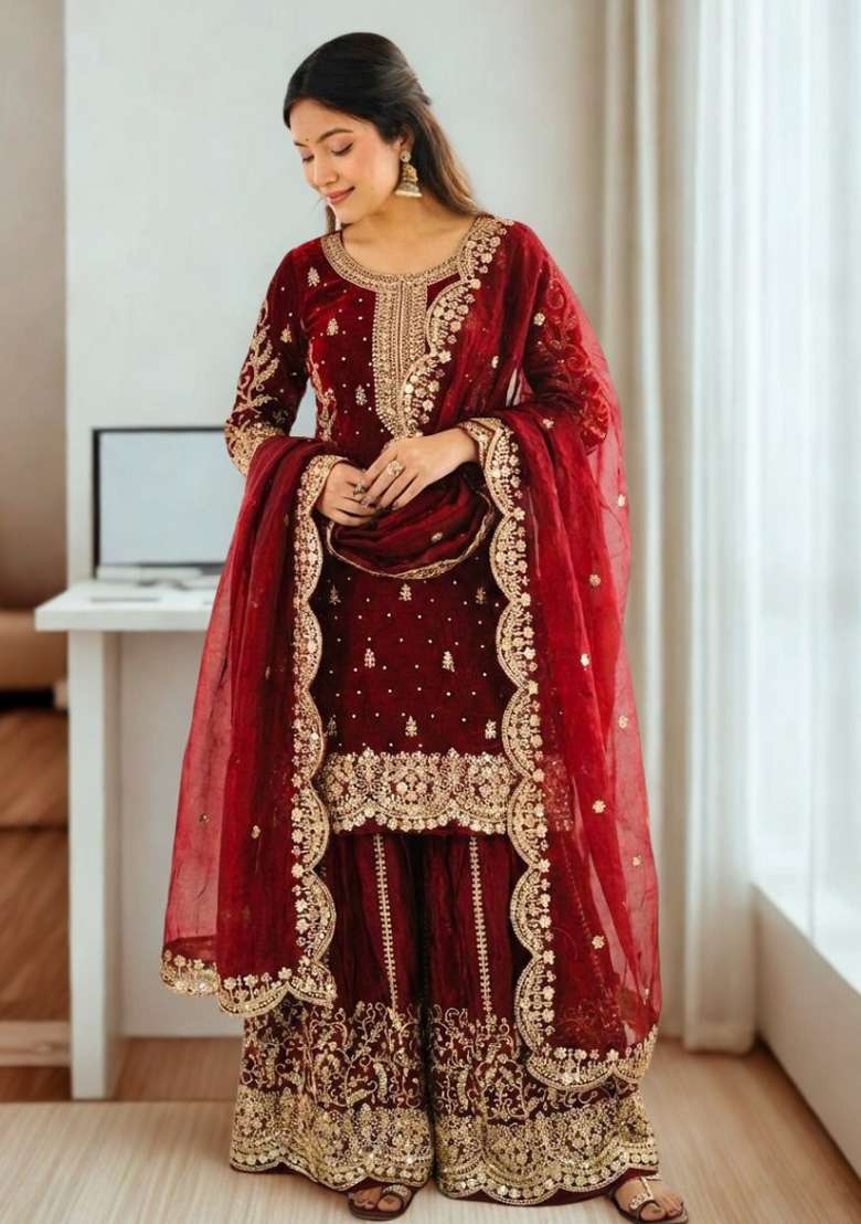 Red Embroidery Silk Sharara Set - Indya