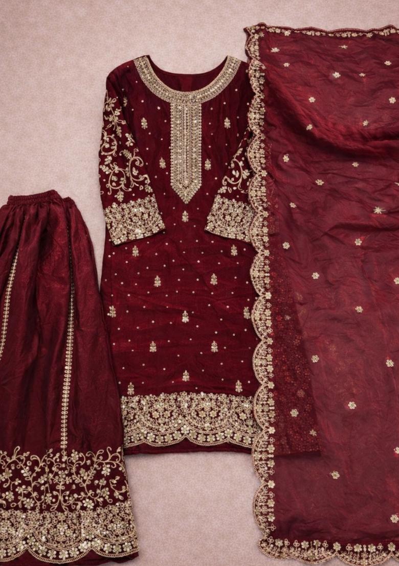 Red Embroidery Silk Sharara Set - Indya