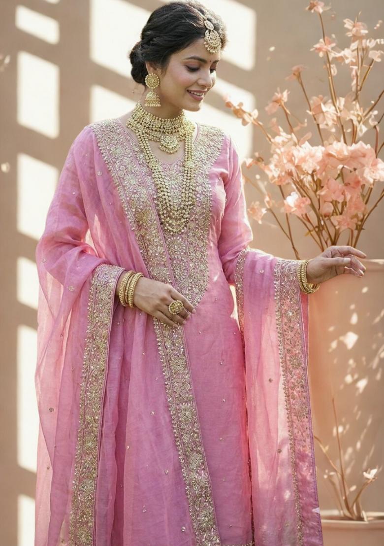 Pink Embroidery Silk Kurta Set - Indya