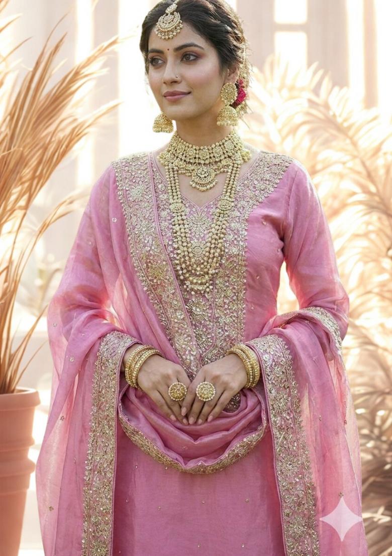 Pink Embroidery Silk Kurta Set - Indya