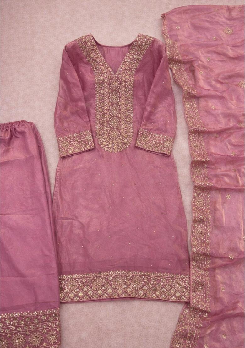 Pink Embroidery Silk Kurta Set - Indya