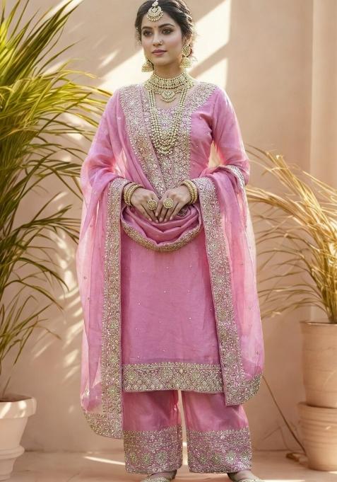 Pink Embroidery Silk Kurta Set