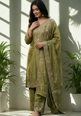 Green Embroidery Silk Kurta Set