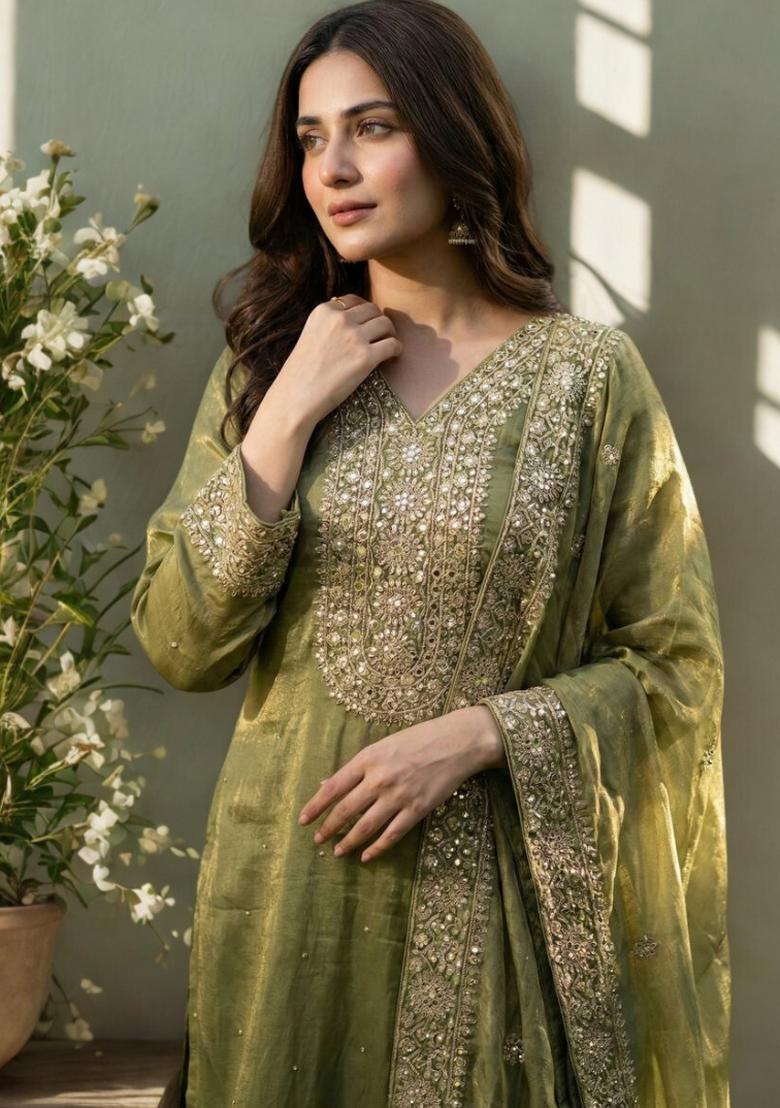 Green Embroidery Silk Kurta Set - Indya