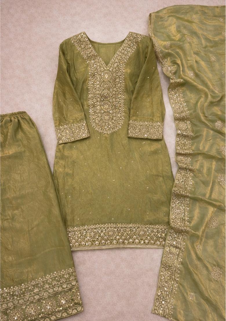 Green Embroidery Silk Kurta Set - Indya