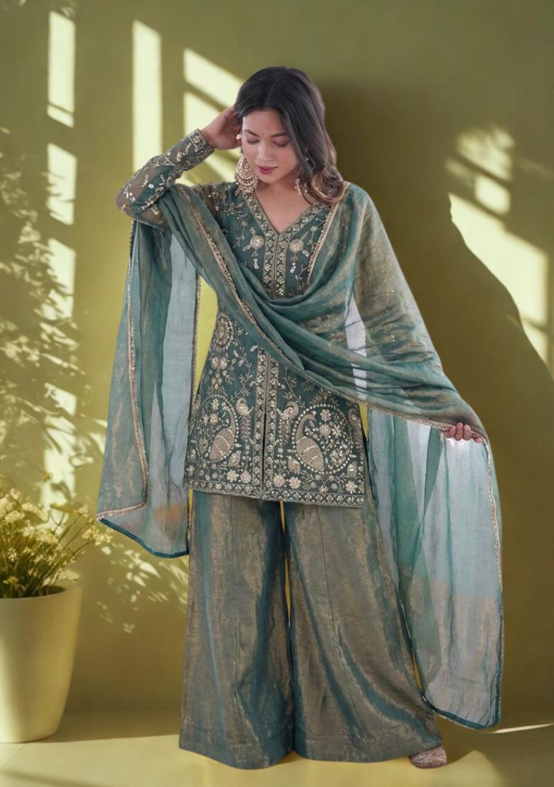 Green Embroidery Silk Kurta Set - Indya