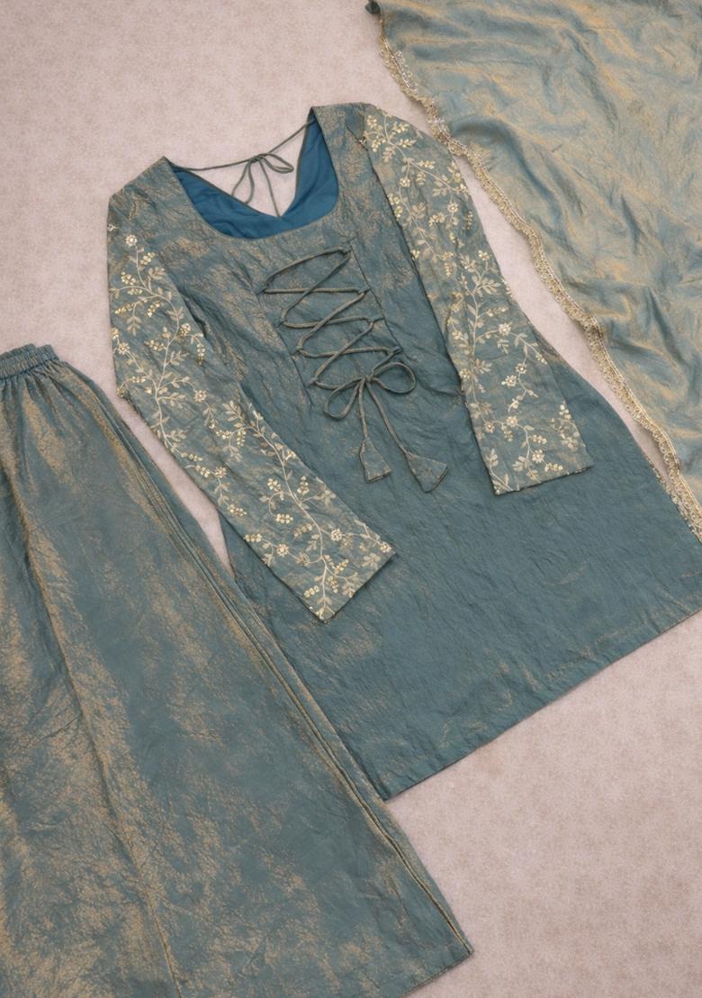 Green Embroidery Silk Kurta Set - Indya