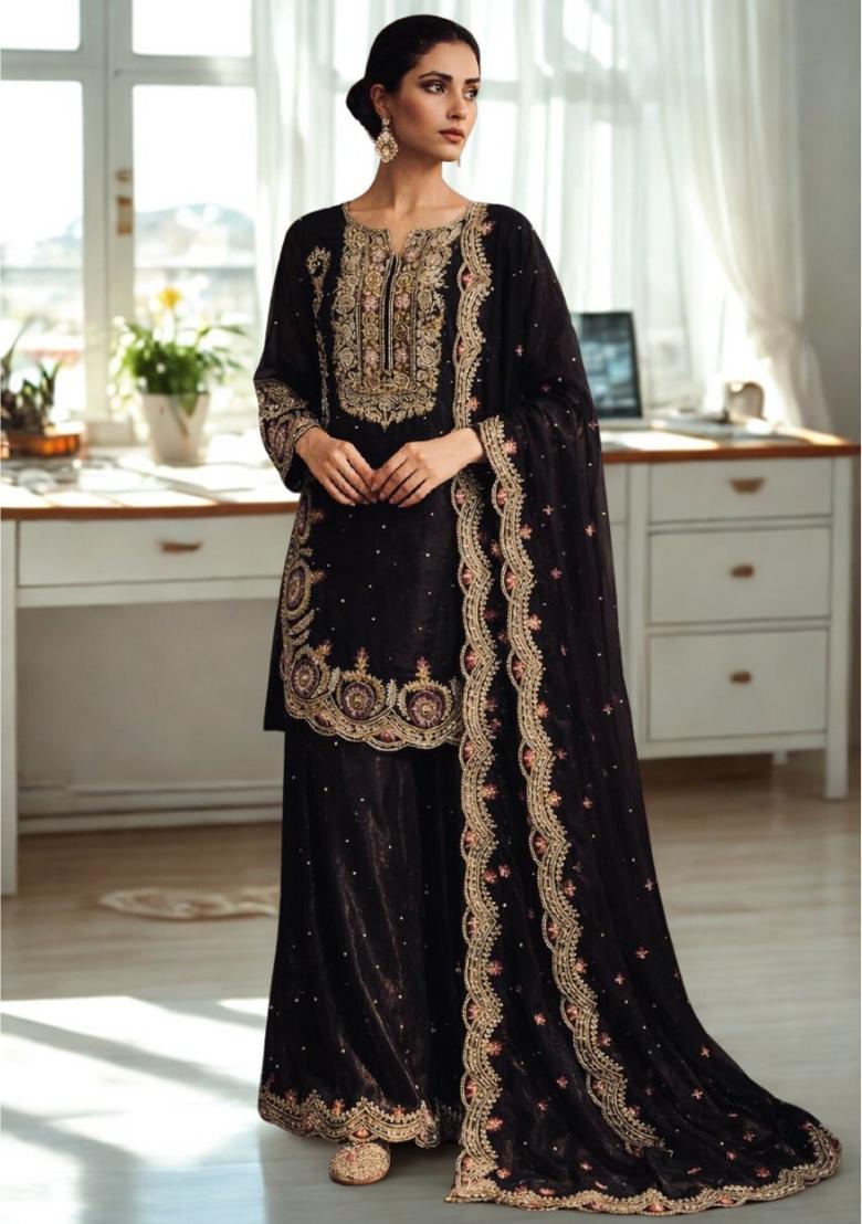 Black Embroidery Silk Kurta Set - Indya