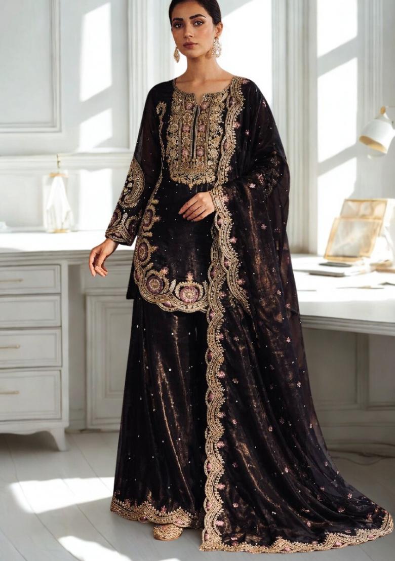 Black Embroidery Silk Kurta Set - Indya