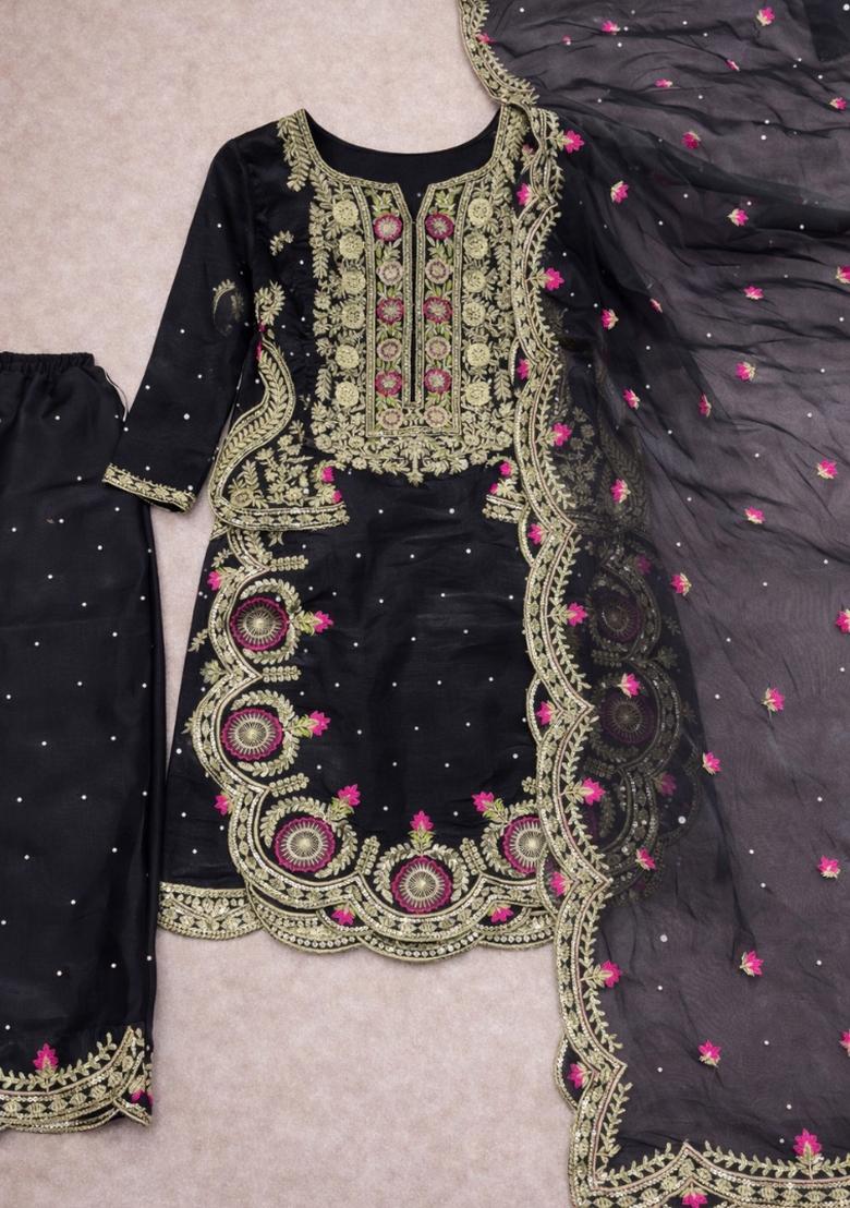 Black Embroidery Silk Kurta Set - Indya