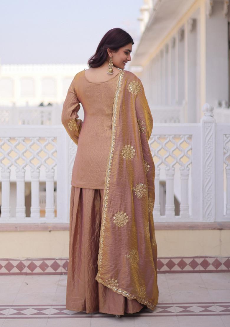 Gold Sequins Work Silk Kurta Set - Indya