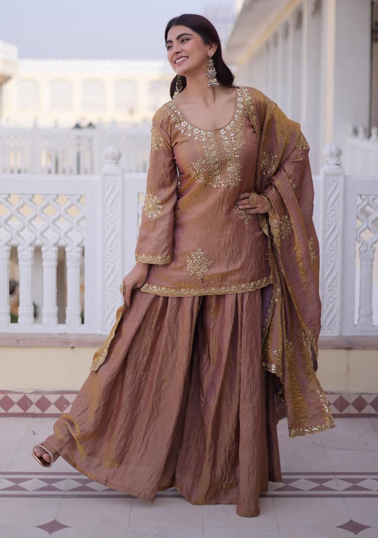Gold Sequins Work Silk Kurta Set - Indya