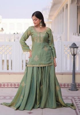 Green Sequins Work Silk Kurta Set