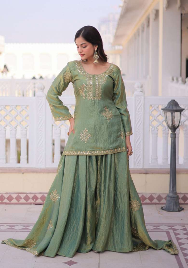 Green Sequins Work Silk Kurta Set - Indya