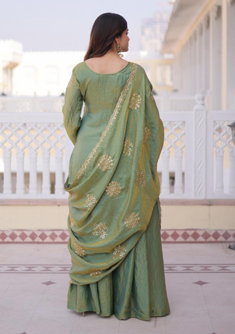 Green Sequins Work Silk Kurta Set - Indya