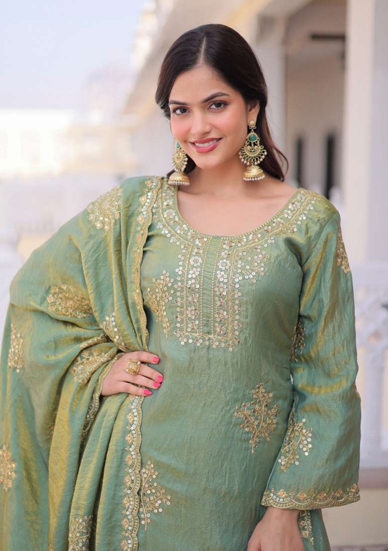 Green Sequins Work Silk Kurta Set - Indya