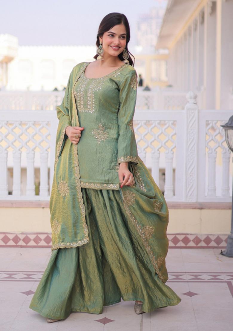 Green Sequins Work Silk Kurta Set - Indya