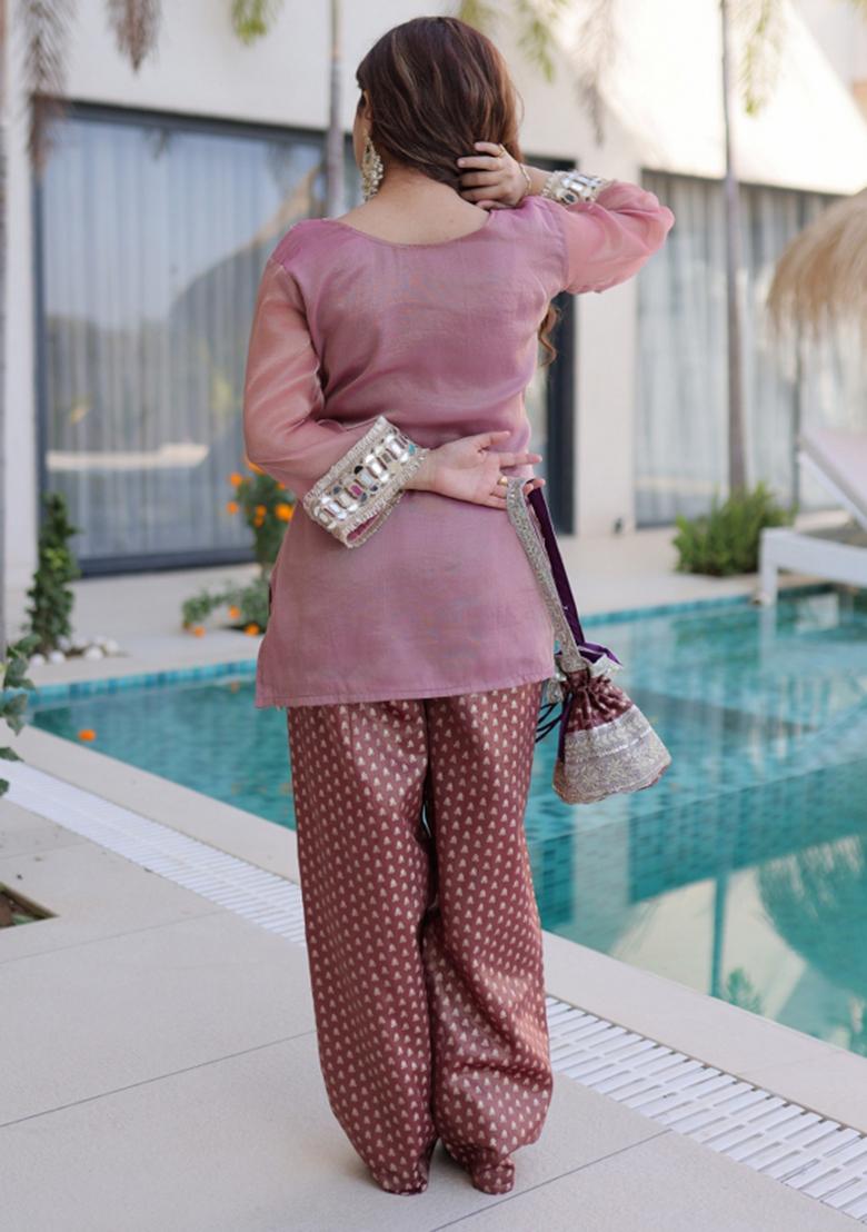 Pink Embroidery Silk Kurta Set - Indya