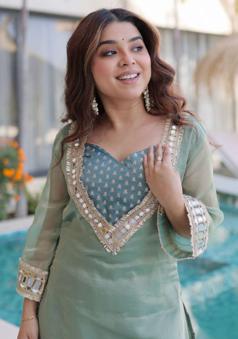 Sky Blue Embroidery Silk Kurta Set - Indya
