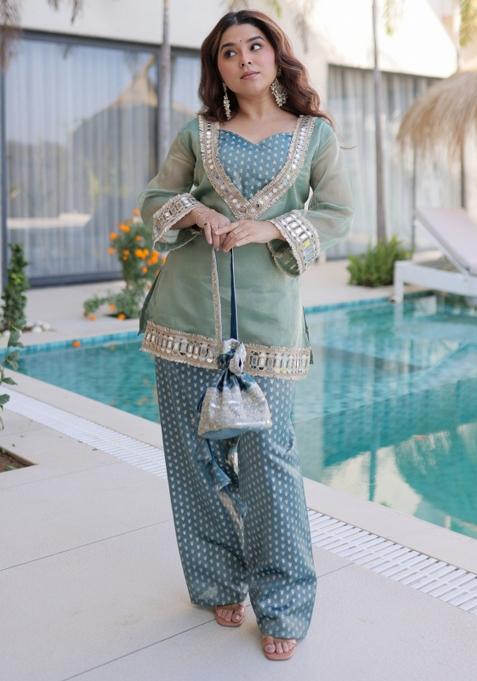 Sky Blue Embroidery Silk Kurta Set