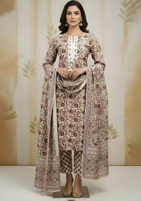 Beige Embroidery Cotton Kurta Set