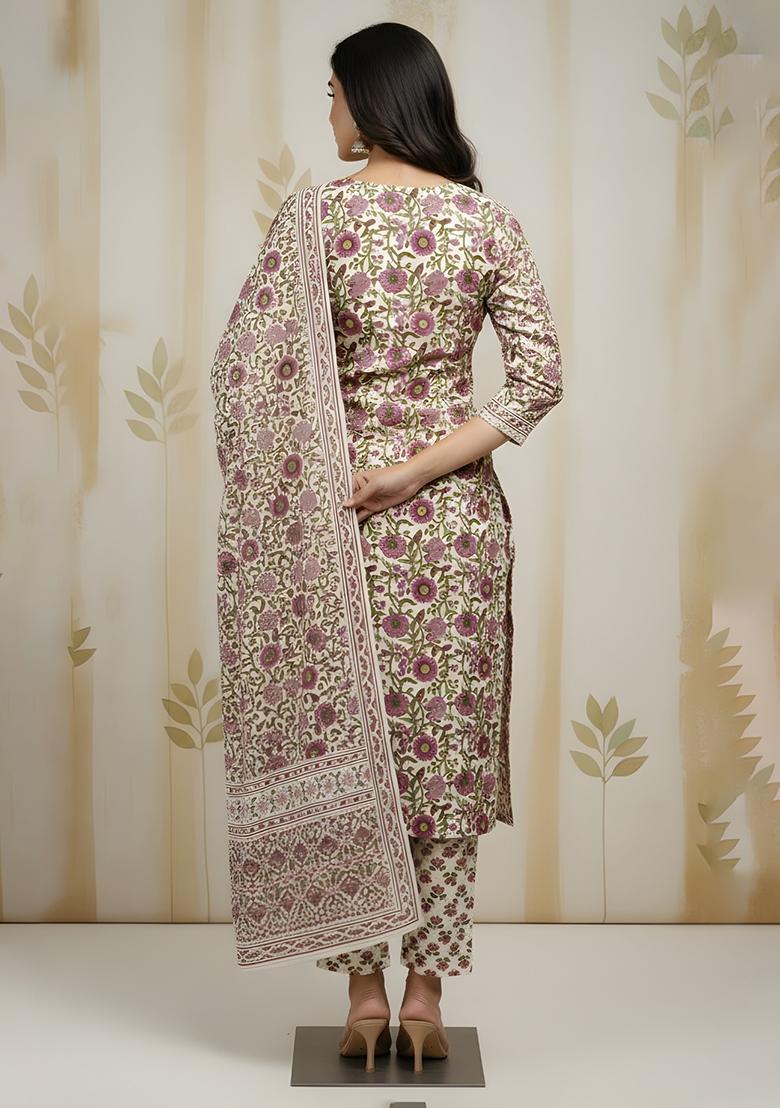 Beige Embroidery Cotton Kurta Set - Indya