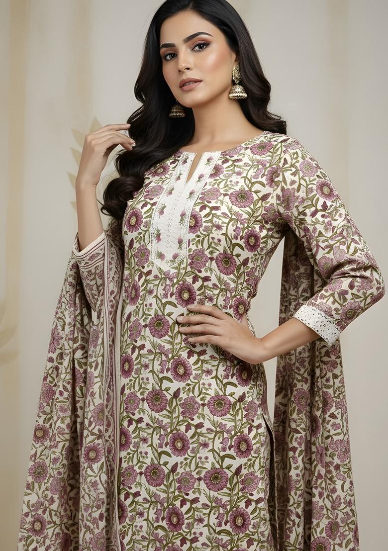 Beige Embroidery Cotton Kurta Set - Indya