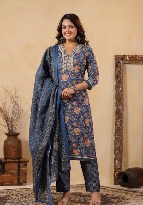 Blue Embroidery Cotton Kurta Set