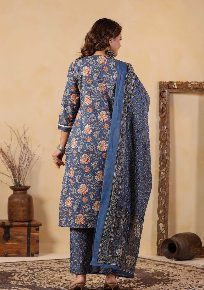 Blue Embroidery Cotton Kurta Set - Indya