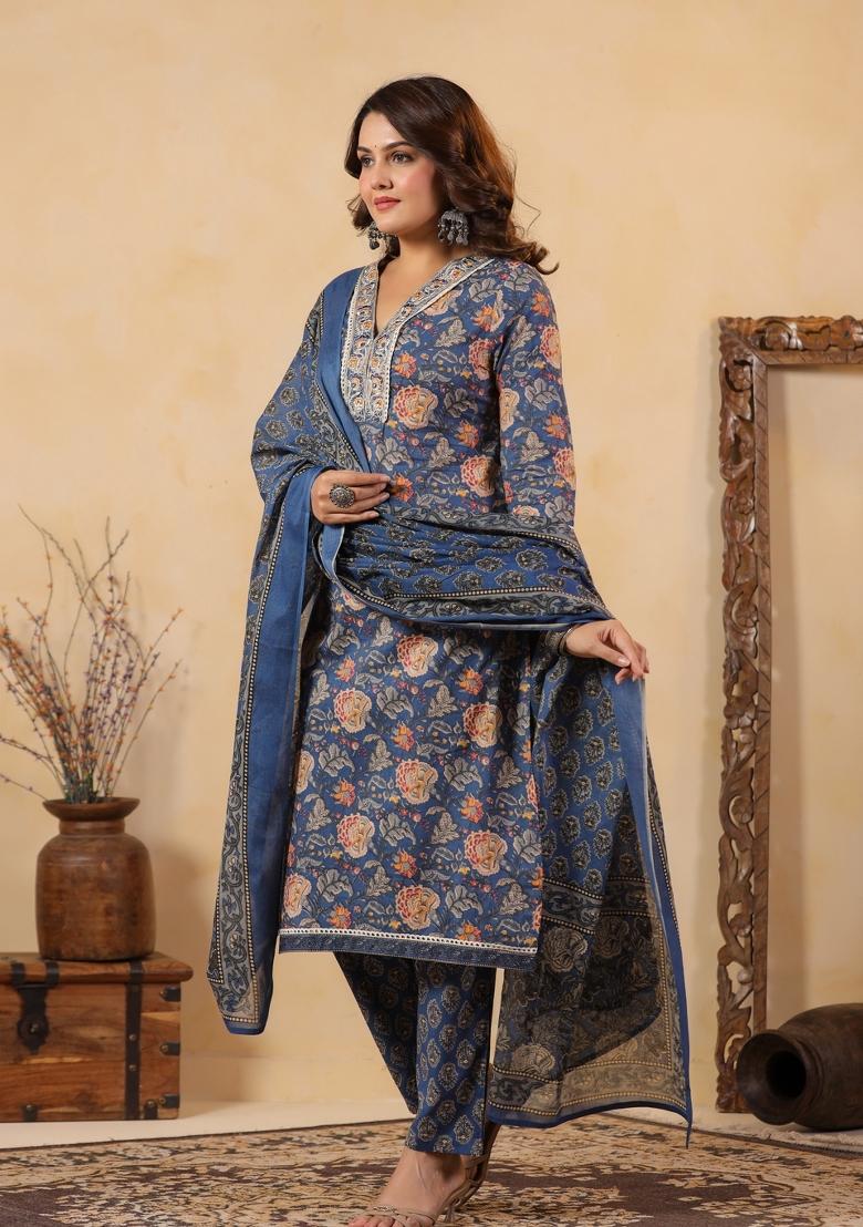 Blue Embroidery Cotton Kurta Set - Indya