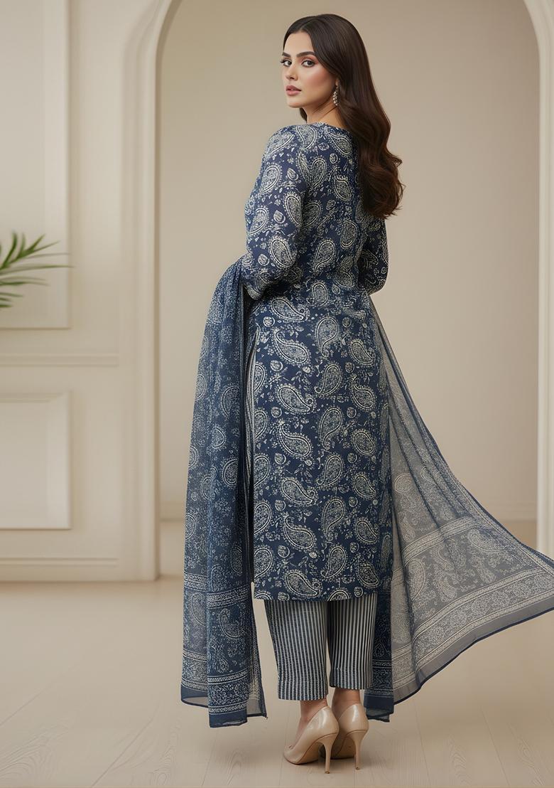 Teal Embroidery Cotton Kurta Set - Indya