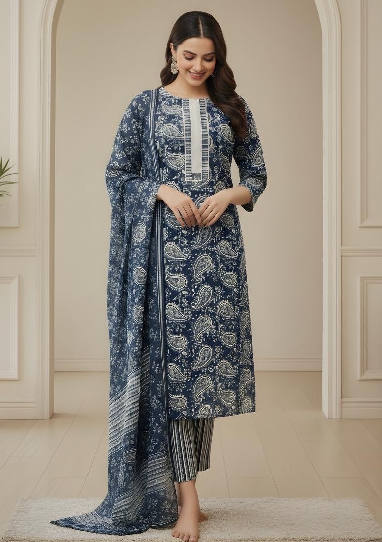Teal Embroidery Cotton Kurta Set - Indya