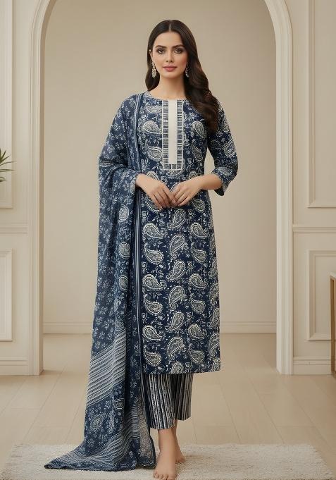 Teal Embroidery Cotton Kurta Set