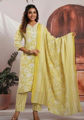 Yellow Embroidery Cotton Kurta Set