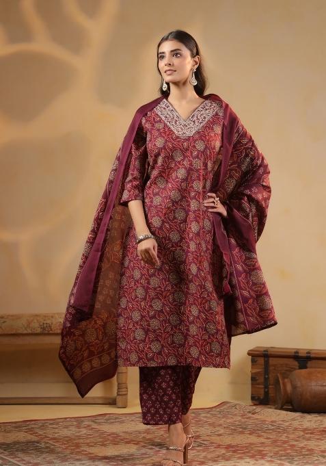 Maroon Embroidery Cotton Kurta Set