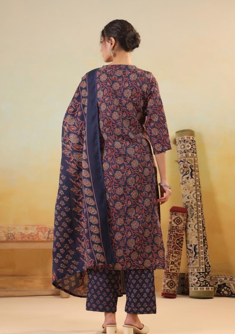 Blue Embroidery Cotton Kurta Set - Indya