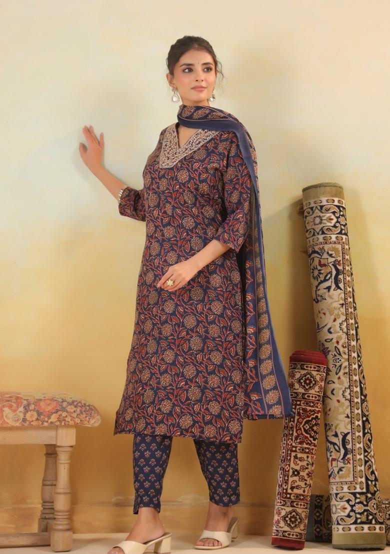 Blue Embroidery Cotton Kurta Set - Indya