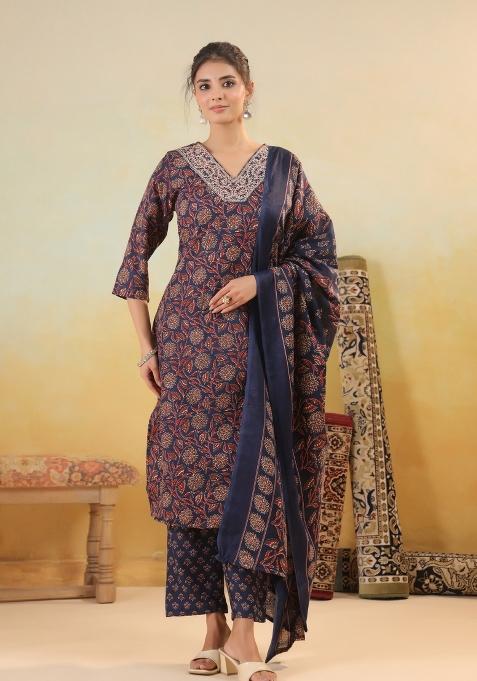 Blue Embroidery Cotton Kurta Set