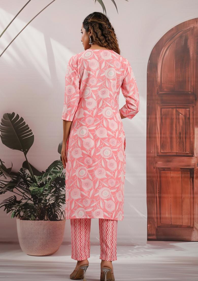 Pink Embroidery Cotton Kurta Set - Indya