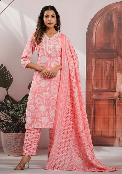 Pink Embroidery Cotton Kurta Set
