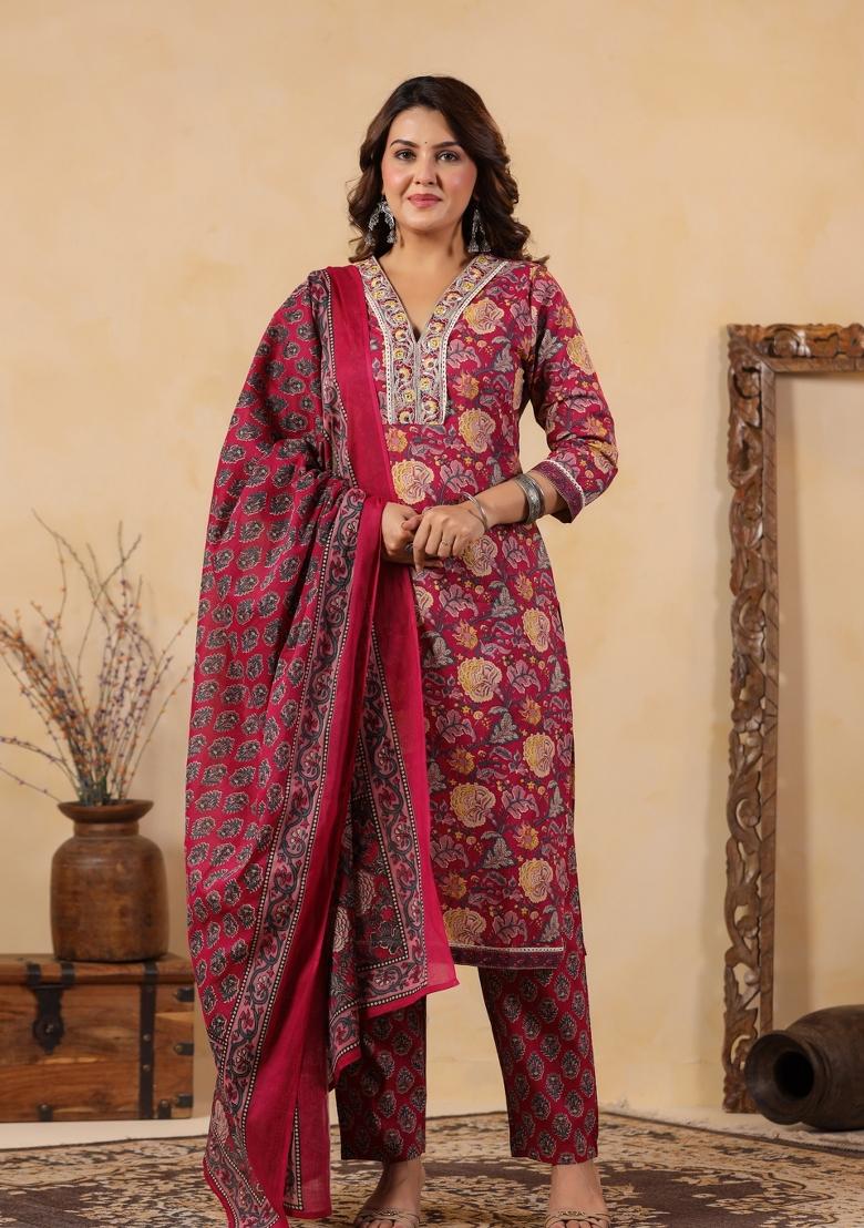 Pink Embroidery Cotton Kurta Set - Indya