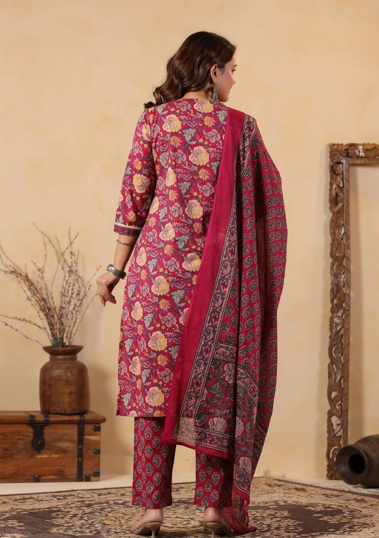 Pink Embroidery Cotton Kurta Set - Indya