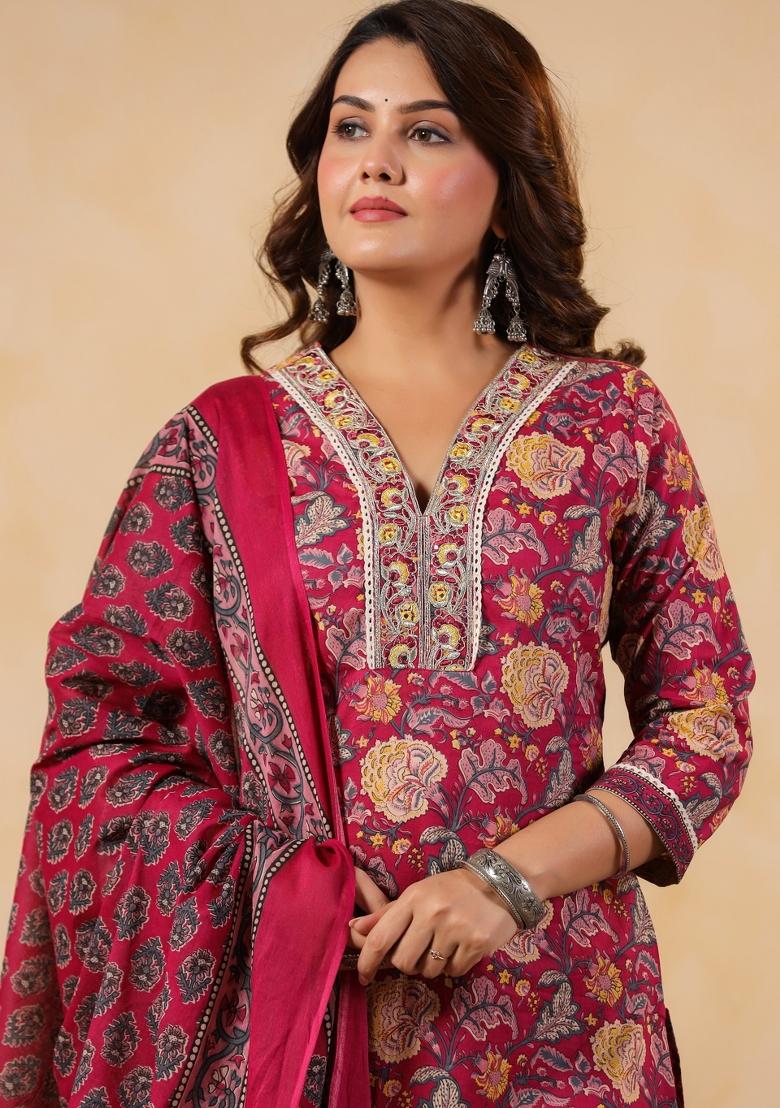 Pink Embroidery Cotton Kurta Set - Indya
