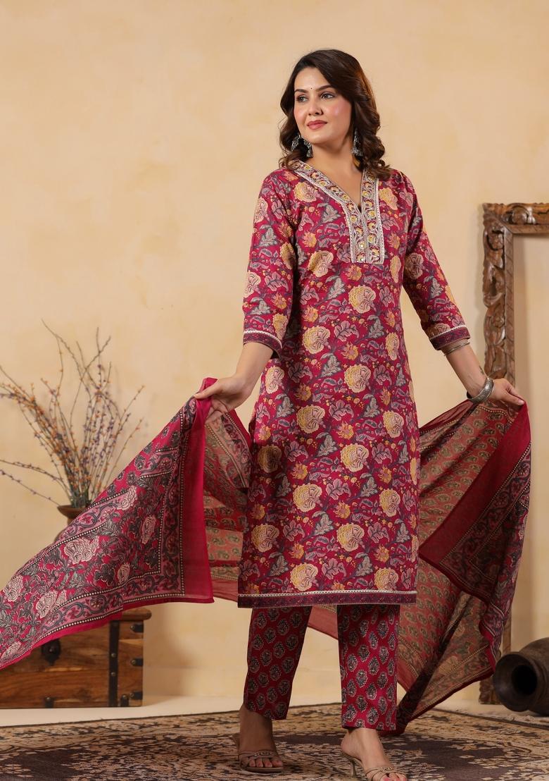 Pink Embroidery Cotton Kurta Set - Indya
